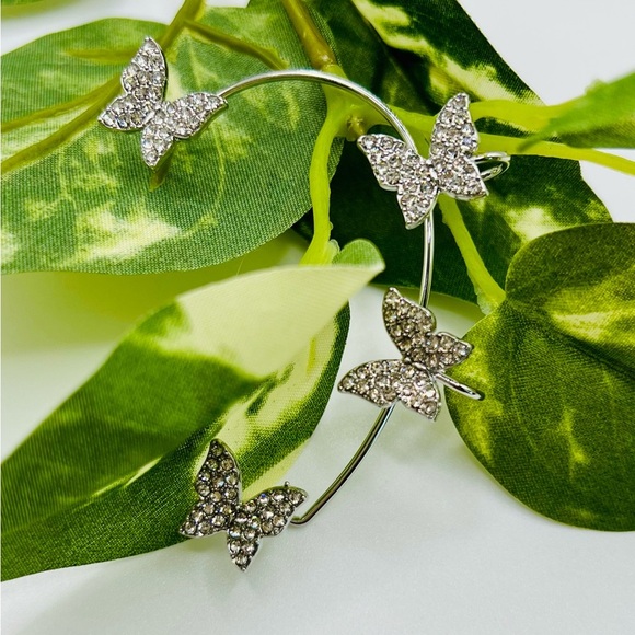 Silver Butterfly Ear Cuff/Ear Climber With Rhinestones - Picture 8 of 14